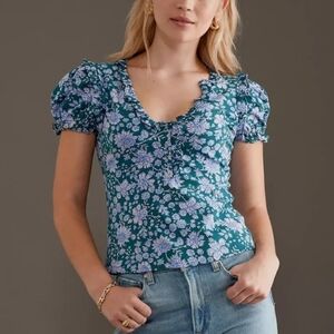 Anthropologie Teal and Lavender Floral Blouse